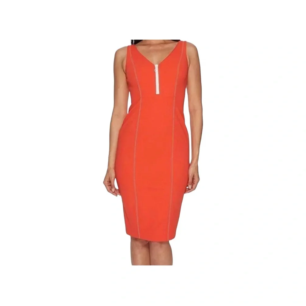 DONNA MORGAN. Orange Sleeveless Partial Front Zip Bodycon Midi Dress Size 12 - Picture 1 of 7